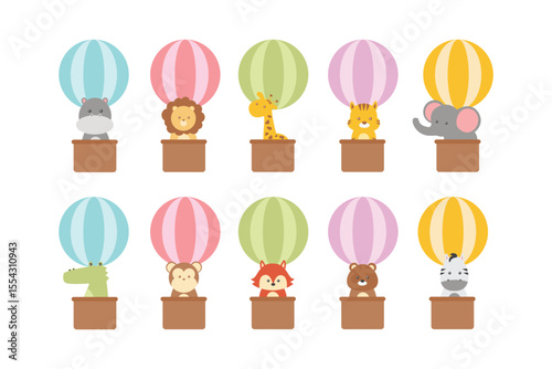 Collection of illustrations of cute animals riding in hot air balloons