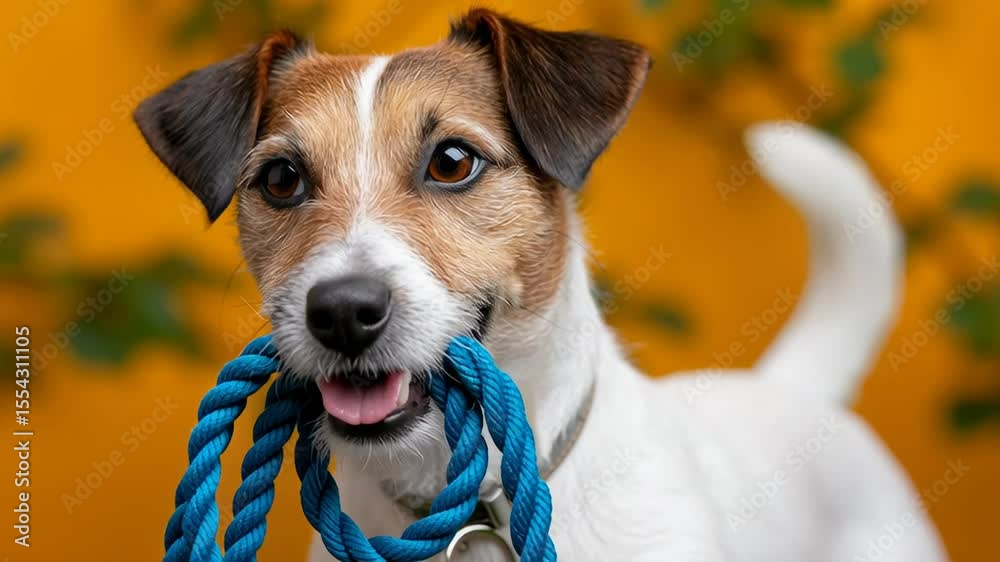 Playful small dog with brown and white fur, holding a blue rope toy in its mouth, set against a vibrant orange background, showcasing a joyful and energetic pet personality in a cheerful environment