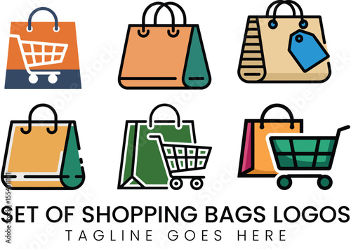 Colorful shopping bags icons and trolleys representing commerce