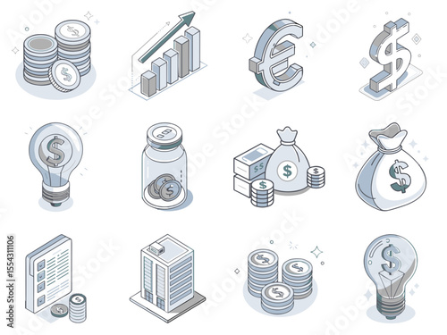 Money and Finance Icon Set for Banking Applications - Currency, Coins and Financial Elements for Business Websites, Financial Education Materials and Economic Presentations