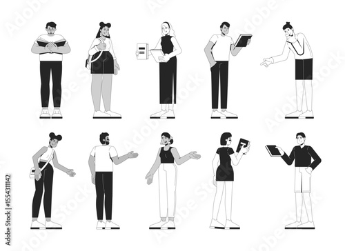 Multicultural young adults standing, engaged with books 2D line characters set. Diverse students bookstore visitors readers isolated vector ink outline people. Monochrome spot illustrations collection