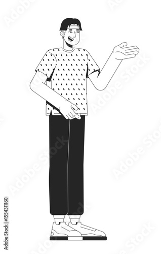 Casual asian man gesturing in patterned tshirt while speaking 2D line character. Chinese guy in friendly and approachable pose isolated vector ink outline person. Monochromatic spot illustration