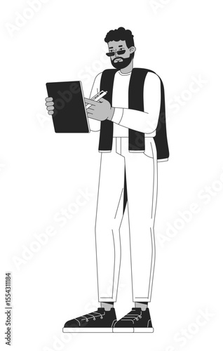 Bearded casual black man holding digital tablet and stylus 2D line character. Professional male with sweater draped over shoulders isolated vector ink outline person. Monochromatic spot illustration