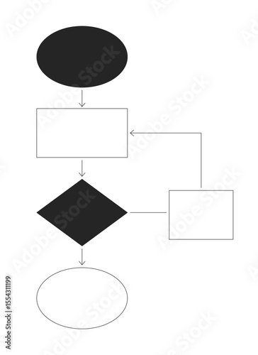 Flowchart diagram with arrows and geometric shapes 2D line object. Logical flow. Decision tree chart. Process management isolated clipart vector ink outline item. Monochrome spot illustration
