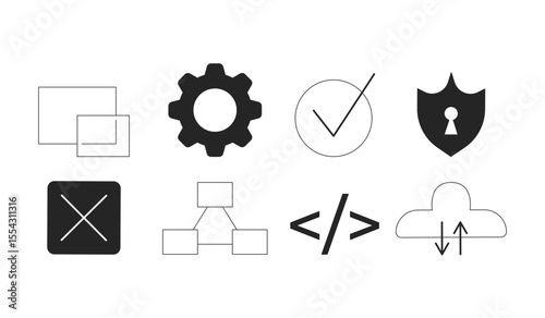 Technology and UI icons 2D line objects set. Cloud computing, code brackets, checkmark tick, shield, gear, cancel isolated cliparts vector ink outline items. Monochrome spot illustrations collection