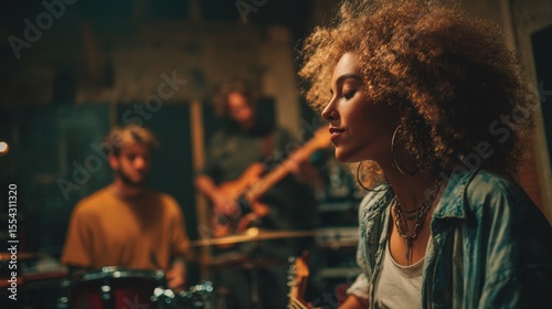 Intimate Moment of Musicians Jamming in Rehearsal Space Together