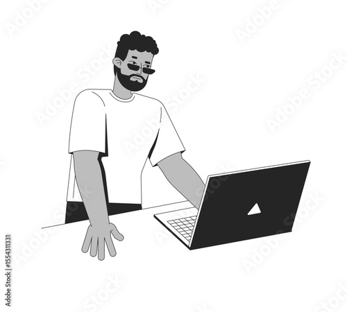 African american man standing and working on laptop 2D line character. Bearded freelancer black guy in sunglasses leaning over desk isolated vector ink outline person. Monochromatic spot illustration