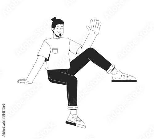 Cheerful young adult man sitting casually and waving 2D line character. Caucasian guy in relaxed posture, friendly gesture isolated vector ink outline person. Monochromatic spot illustration
