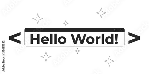 Hello world text coding banner in sparkles and code brackets 2D line object. Iconic starting point in programming phrase isolated clipart vector ink outline item. Monochrome spot illustration