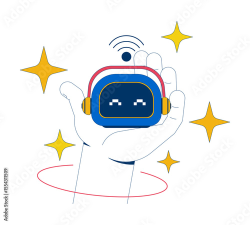 AI robot companion 2D illustration concept. Advanced artificial intelligence pet robotic toy. Smart AI assistant with headphones cartoon composition isolated on white. Flat abstract vector metaphor