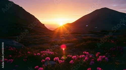 Mountain Flowers at Golden Sunset Glowing Nature Landscape