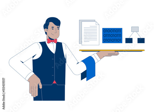 Serving up data for training AI 2D illustration concept. Improving language model performance. Butler holding tray with datasets cartoon character isolated on white. Flat abstract vector metaphor
