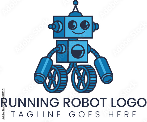Whimsical running robot logo featuring a happy face and cute design