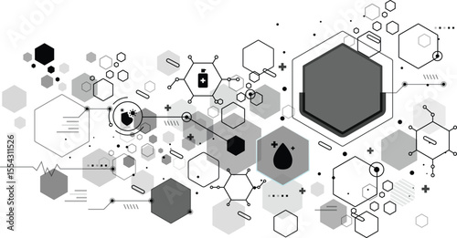 Hexagon Technology Abstraction: A complex and sophisticated digital illustration showcases an intricate web of hexagonal shapes and interconnected nodes.