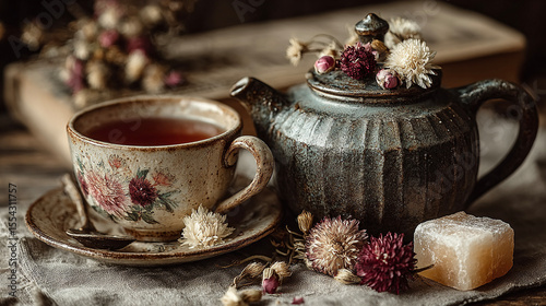 Cozy arrangement of herbal tea, decorative crystals, and dried flowers on linen cloth, suitable for spa settings, holistic health, or calming and peaceful lifestyle flat lay visuals
