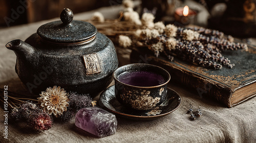 flat lay, herbal tea, crystals, dried flowers, linen fabric, mindfulness, natural healing, spa concept, relaxing lifestyle, soft textures, wellness, tea cup, floral accents, healing stones, natural el