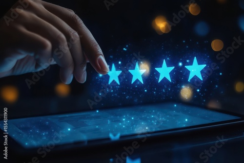 A hand is pointing at stars on a tablet. Digital customer feedback concept with a hand interacting with rating icons and documents on a tablet glowing in blue on a dark background.