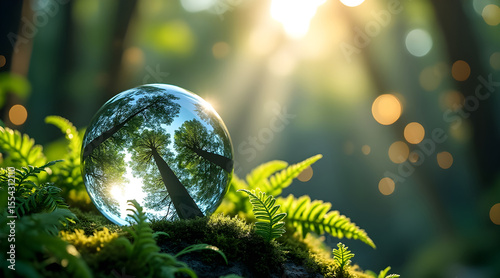 Crystal ball reflecting lush forest canopy and sunbeams on mossy ground with ferns