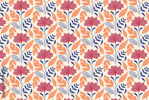 abstract floral pattern with artistic repetition of outlined roses and cotton flowers for bedsheets and table covers

