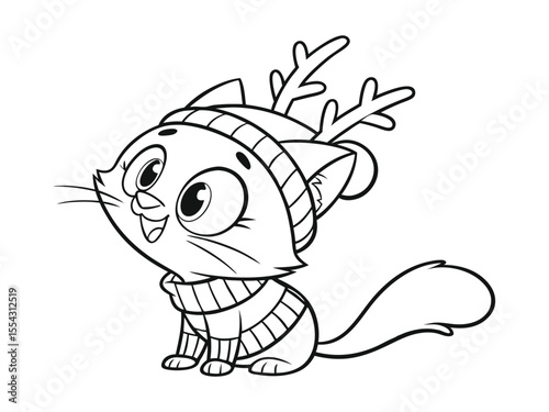 Easy coloring page of a Christmas cat with reindeer antlers. Christmas cat with reindeer antlers