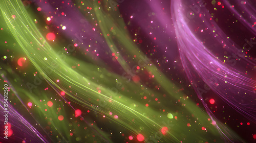 Layered spirals of purple and green light accented with sharp red sparks and glowing particles forming a vivid and electric visual explosion