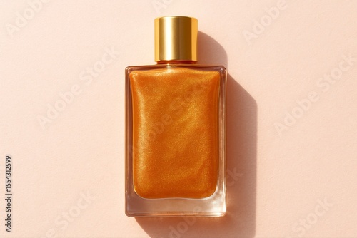 A bottle of shimmering golden oil with a gold cap on a peach surface