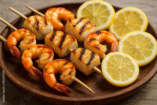 Grilled shrimp and scallops on skewers with lemon slices on a wood plate