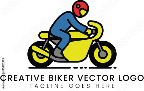 Creative biker logo illustration with a helmeted rider on a yellow bike