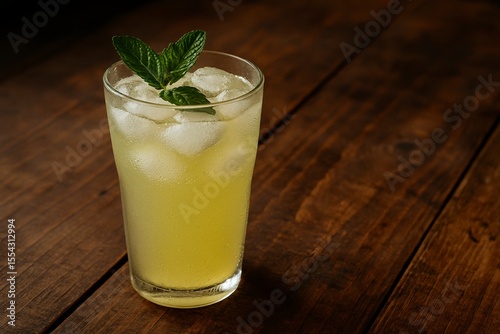 Tall glass filled with lemonade ice and mint on a wooden background