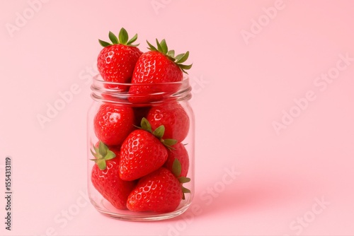 Strawberries in a glass jar against a soft pink background studio shot
