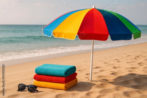 Beach scene with umbrella towels and sunglasses on a sunny day time