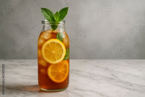 Iced tea in a glass bottle with lemon and mint on a marble surface