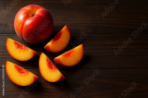 A whole nectarine and several slices on a dark wooden surface table