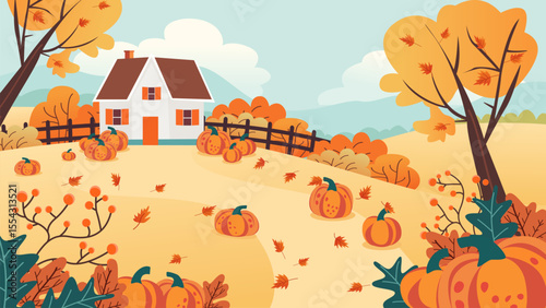Pumpkin farm with beautiful autumn trees. Pumpkin day on the farm with house, fence, trees and bushes. Autumn rural landscape of pumpkin field and farm, vector illustration. Autumn harvest.