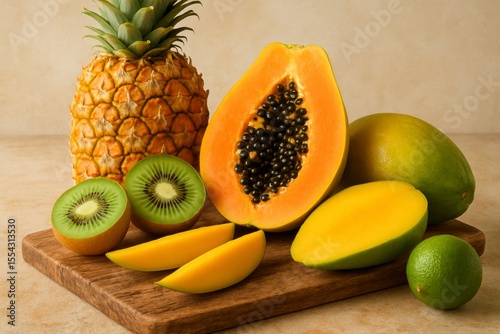 Arrangement of tropical fruits on a wooden board against light backdrop