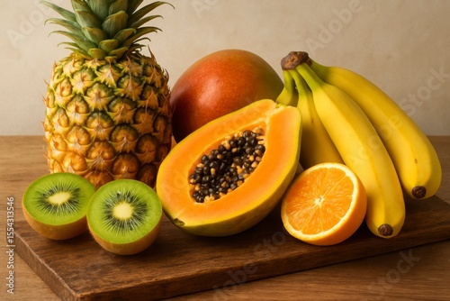 A still life of tropical fruits on a wooden board against light background