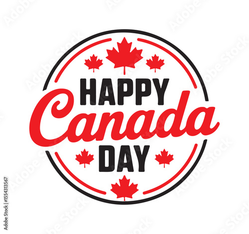 Happy Canada Day circular logo with red maple leaves