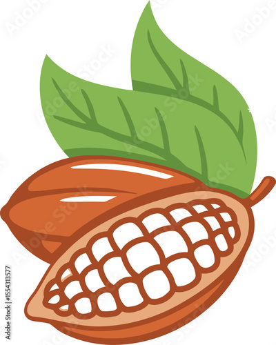 Colored Vector Illustration of an Open Cocoa Pod with Leaves – Cross-Section View Revealing White Cocoa Beans