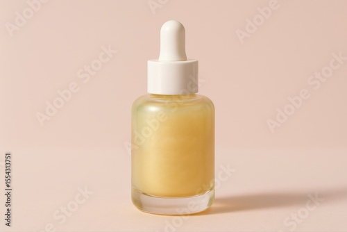 Close up of a serum bottle with a dropper on a light pink background