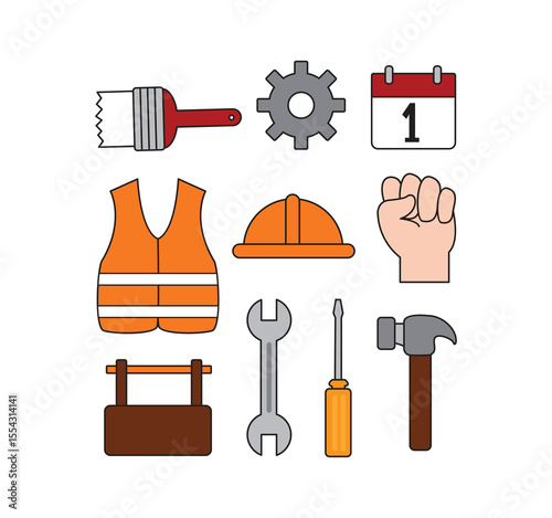 Collection of Simple and Flat Construction Tools and Equipment Icons for Labor Day