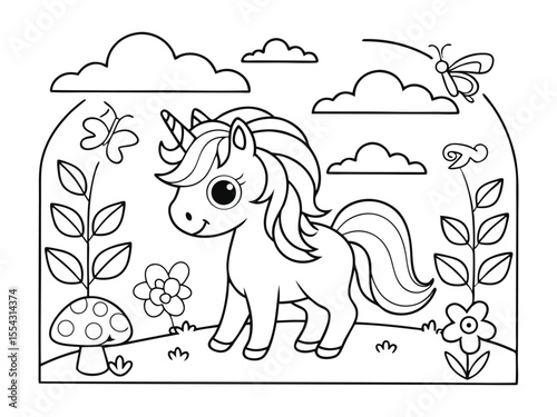 Cute coloring page with a unicorn and spring garden flowers. Outlined unicorn with flowers and stars standing in a flower field