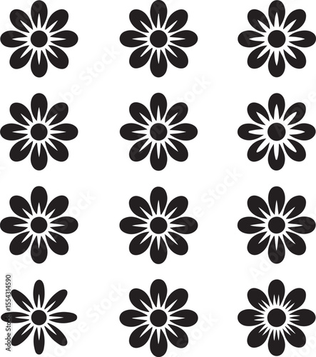 Collection of simple black flower icons with varying petal counts and shapes