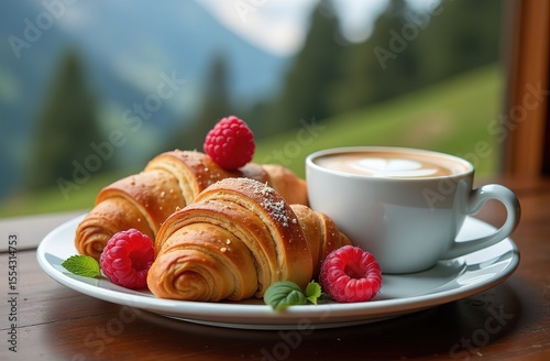 Romantic breakfast of croissants and coffee in the mountains at dawn. raspberry on top of the croissant. Coffee in a cup. Atmospheric