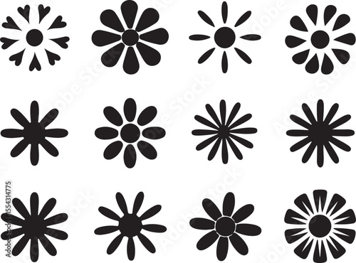Collection of simple black flower icons with varying petal counts and shapes