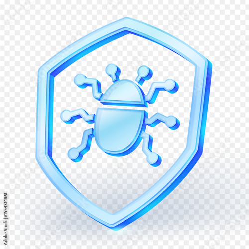 Digital glass shield icon with bug inside, representing cybersecurity and protection against online threats. isolated on transparent background. 3D vector illustration.