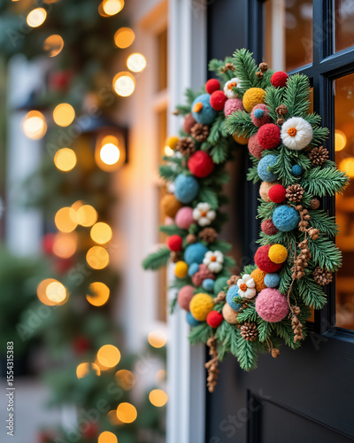 Colorful Holiday Wreath with Pom Poms and Pine Cones on Door in Soft Focus Background