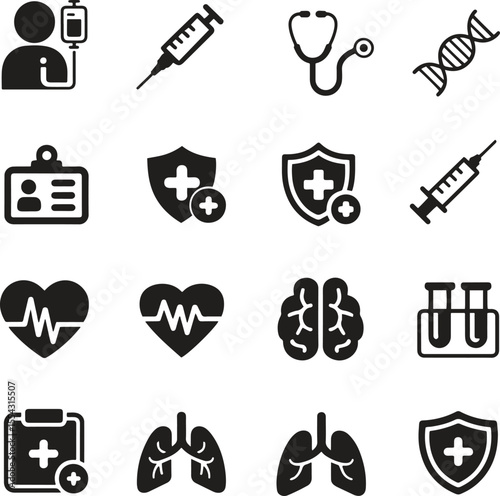 Silhouette Medical and Healthcare Icons Set – Flat Black Vector Symbols Vector Illustration Isolate on White Background 