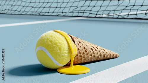 Tennis ball resembling ice cream cone, melting yellow substance on blue court surface, with net in background, creating a playful and imaginative sports-themed dessert concept