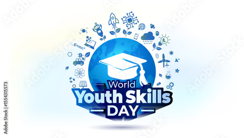 Banner design for World Youth Skills Day. Youth Empowerment through Sustainable technology, artificial intelligence AI, and Digital Skills training, Education.