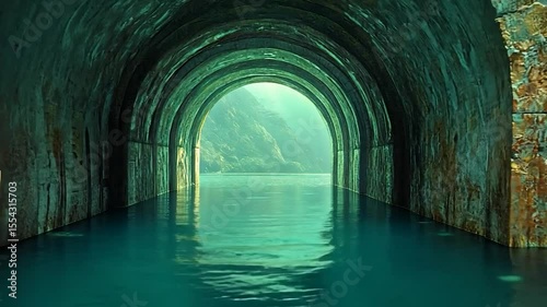 Submerged archway tunnel leading to a tranquil lake and mountains.